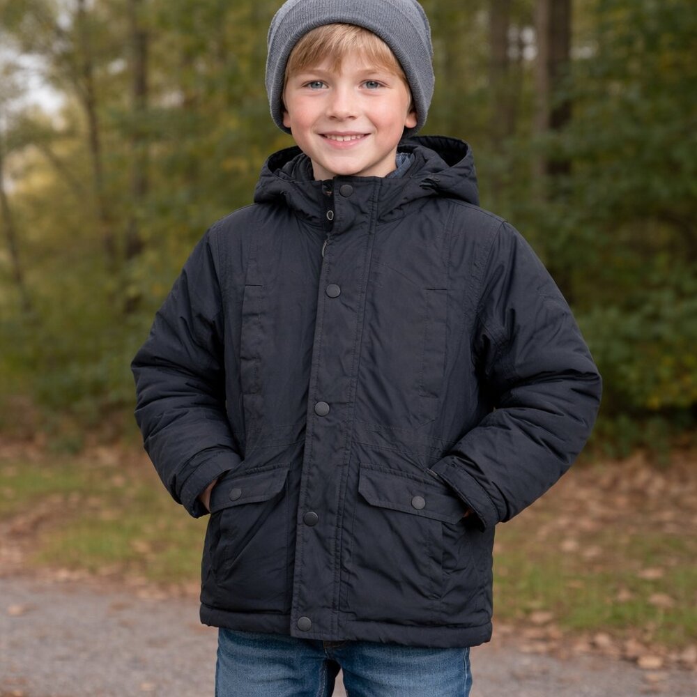 Lands End Boys Youth M Black Down Feather Hooded Insulated Winter Jacket
